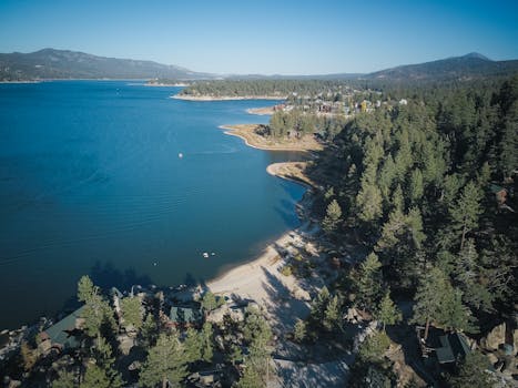 A stunning aerial view of a serene mountain lake surrounded by lush forests and clear blue skies.