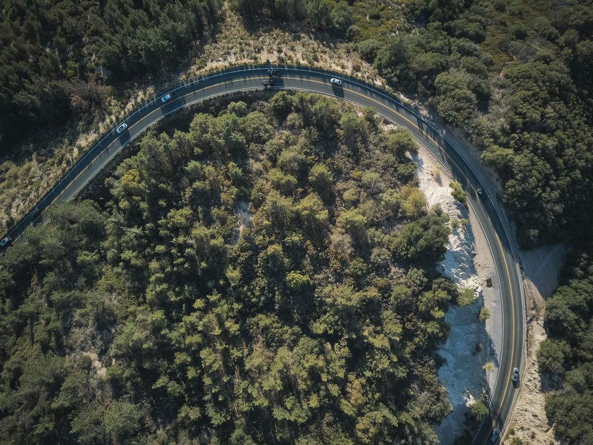 Top-down drone view of a winding road through dense green forest