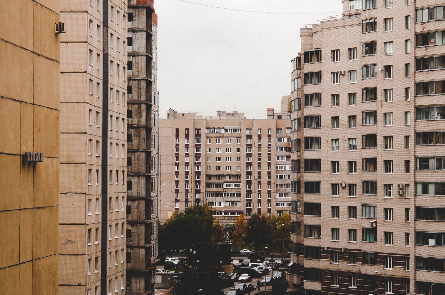 Tree-lined residential street in Izgrev district with mid-rise apartment blocks and embassies