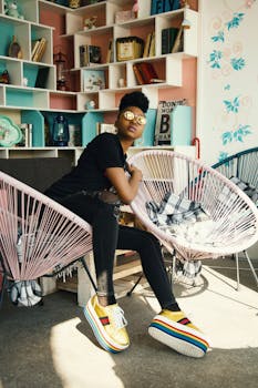 A fashionable young woman sits confidently in a colorful room, exuding style and attitude.