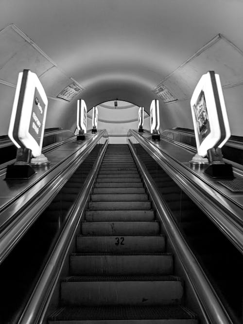 Low Angle Symmetrical Shot of Underground Escalator