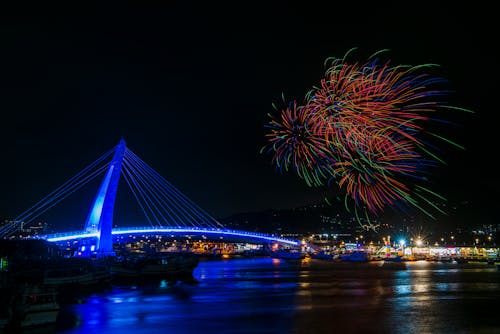 Firework Display in Sky over City at Night