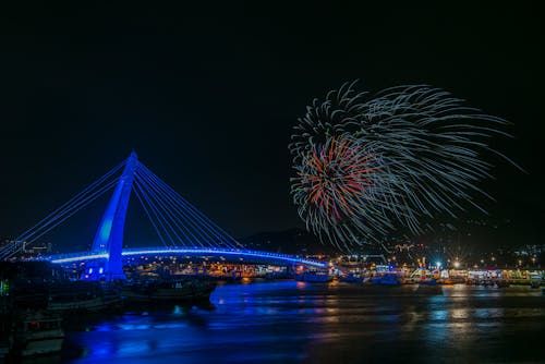 Fireworks over Bridge at Night