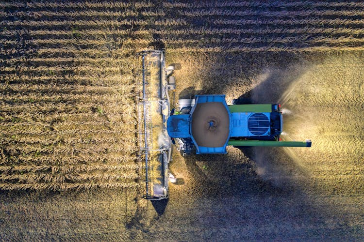 Farm Tractor Harvesting On Field