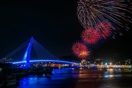 Captivating fireworks display illuminates the night sky over a beautifully lit bridge in New Taipei City, Taiwan.