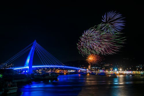 Fireworks Display over Bridge during Night