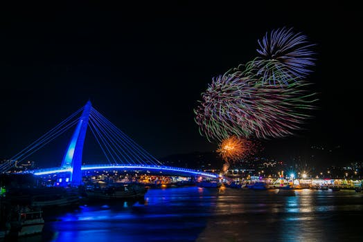 Colorful fireworks illuminate a modern bridge in New Taipei City at night, creating a dramatic visual spectacle.
