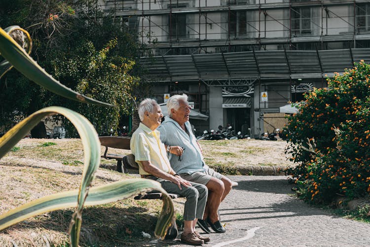 Elderly People Sitting In The Park Bench