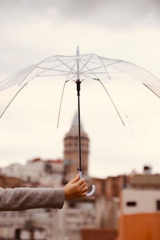A hand holding a transparent umbrella against a blurred cityscape featuring a tower