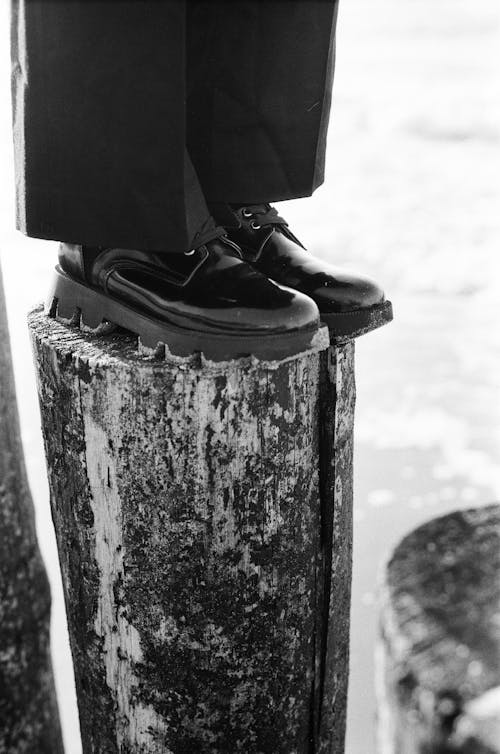 A Person Wearing Leather Shoes Standing on a Log