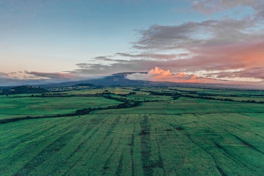 Dramatic aerial view of rolling farmland at sunset, showcasing lush greenery and distant mountains.