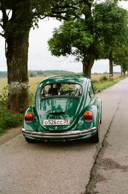 A classic green Beetle car travels down a serene countryside road lined with trees.