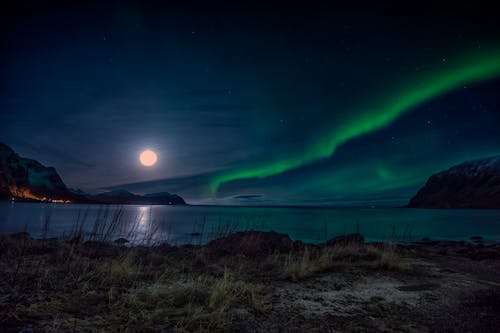 Green Aurora Lights over Body of Water