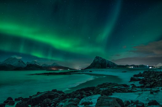 Green Aurora Lights over the Sea