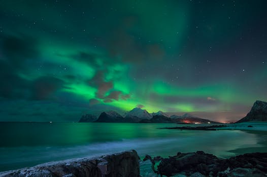 Mesmerizing view of Northern Lights illuminating the Lofoten Islands in Norway.