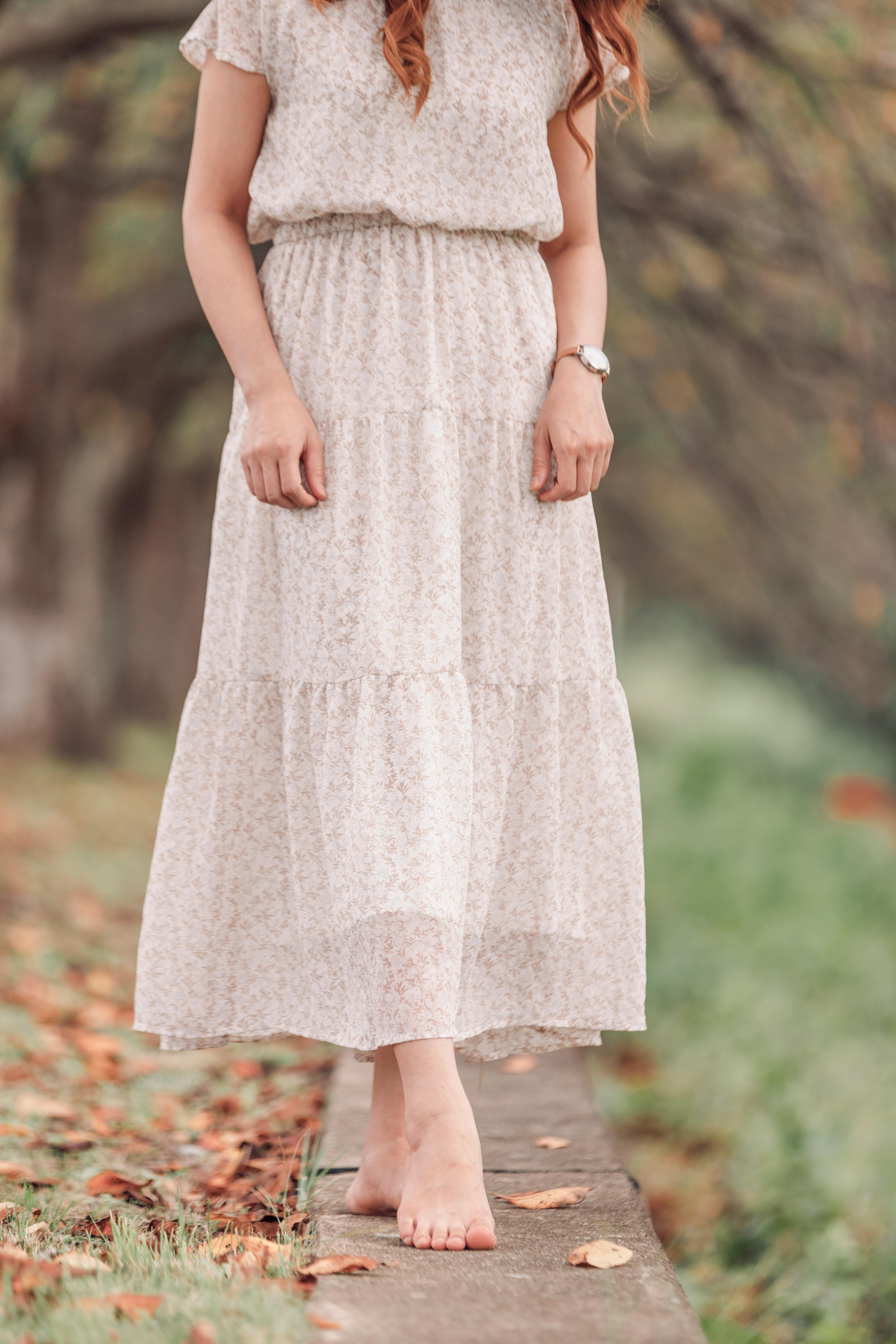 A flowing prairie skirt photographed from shoulders to feet