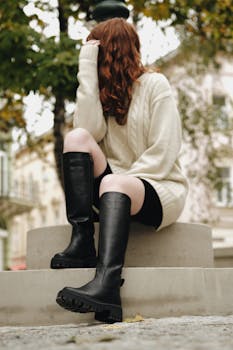 Fashionable woman with long hair wearing black boots and a sweater outdoors.