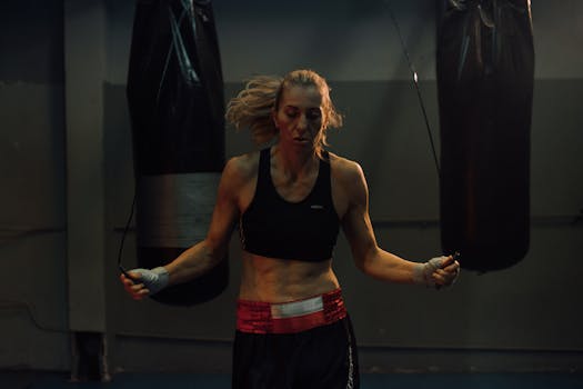 Determined woman in activewear jumping rope in dimly lit boxing gym.