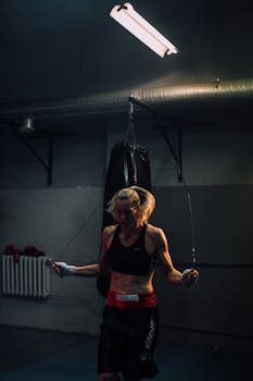 A determined female boxer practicing with a jump rope in a dimly lit boxing gym.