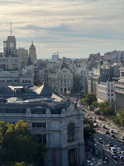 Free An aerial view capturing Madrid's iconic architectural landmarks and bustling urban streets. Stock Photo