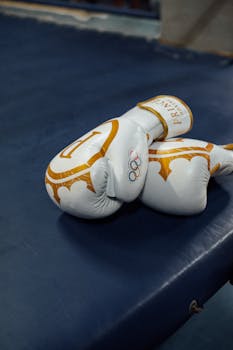Elegant white boxing gloves with gold design resting on a blue training mat indoors.