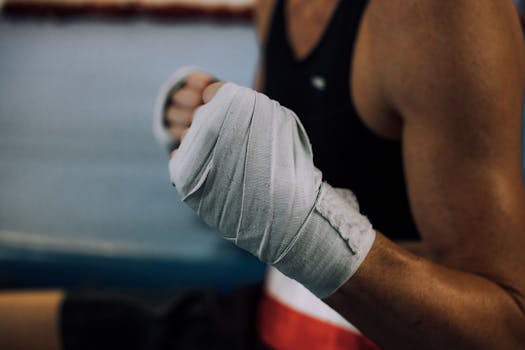 A close-up shot of a boxer's wrapped hands in a gym setting. Focus on training and strength.