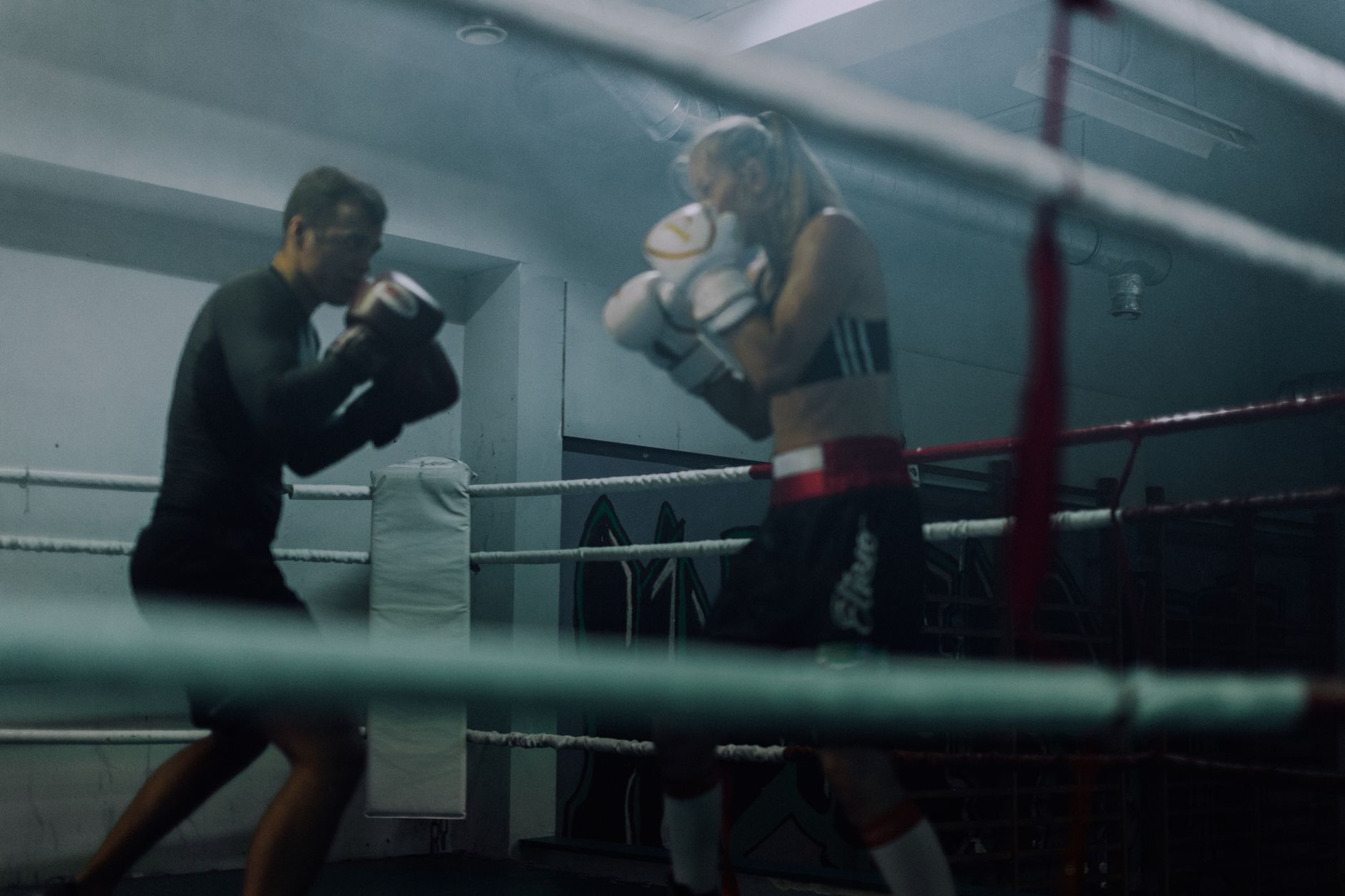 Boks ringinde karşı karşıya duran iki boksör