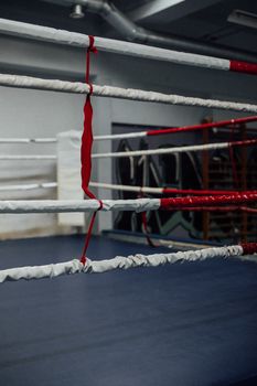 A close-up view of an unoccupied boxing ring indoors showcasing training ambiance.