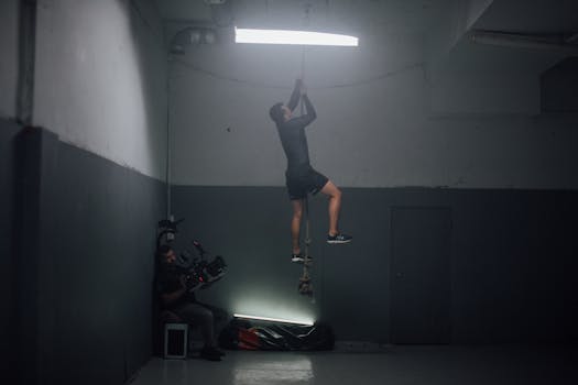 Man climbing a rope in a dimly lit gym, showcasing athleticism and focus.