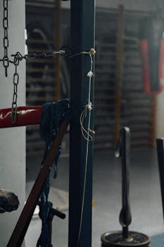 Close-up of boxing gym equipment with ropes and chains, creating a moody atmosphere.