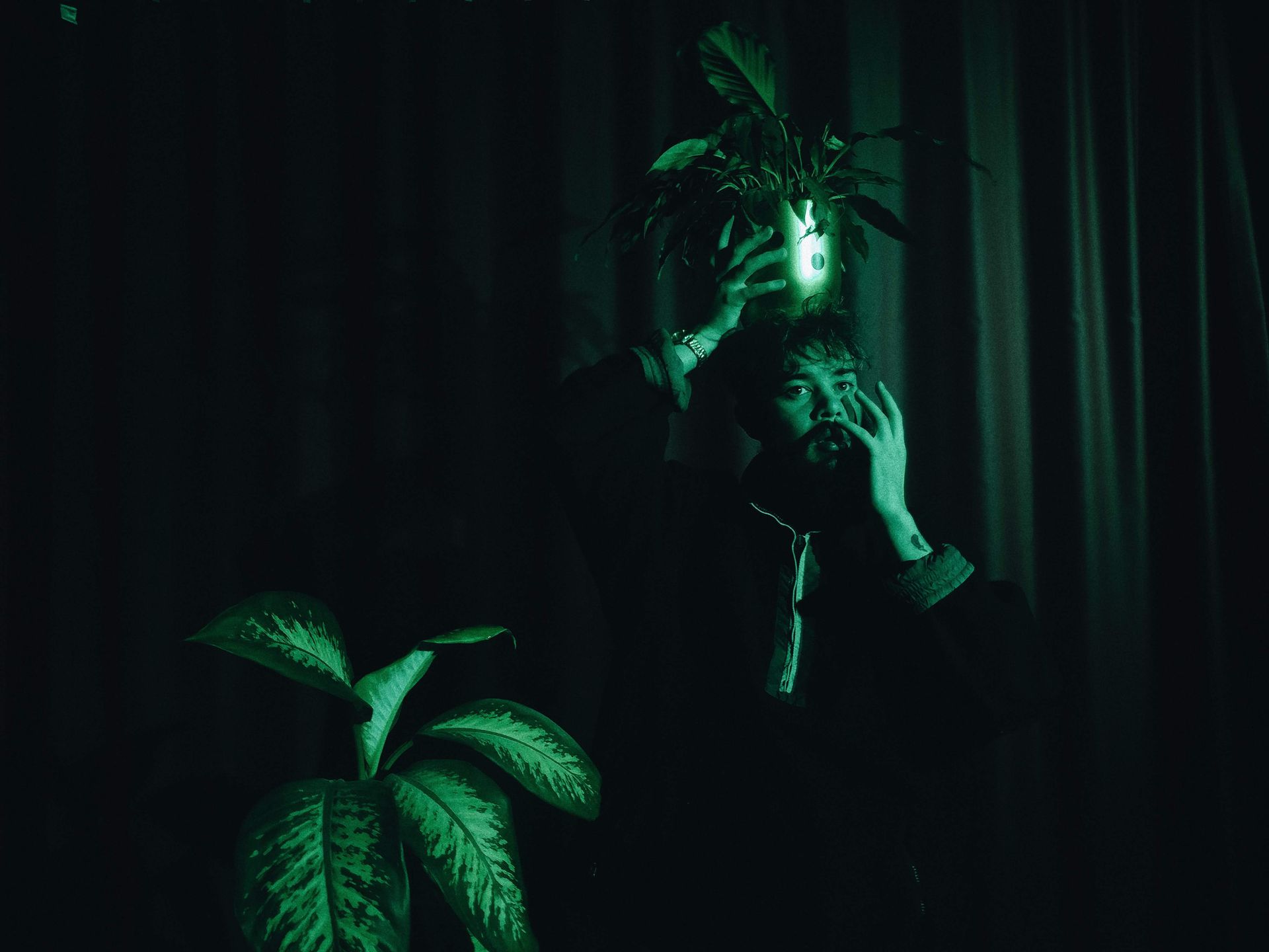 A man poses with potted plants under green lighting, creating a conceptual and moody atmosphere.