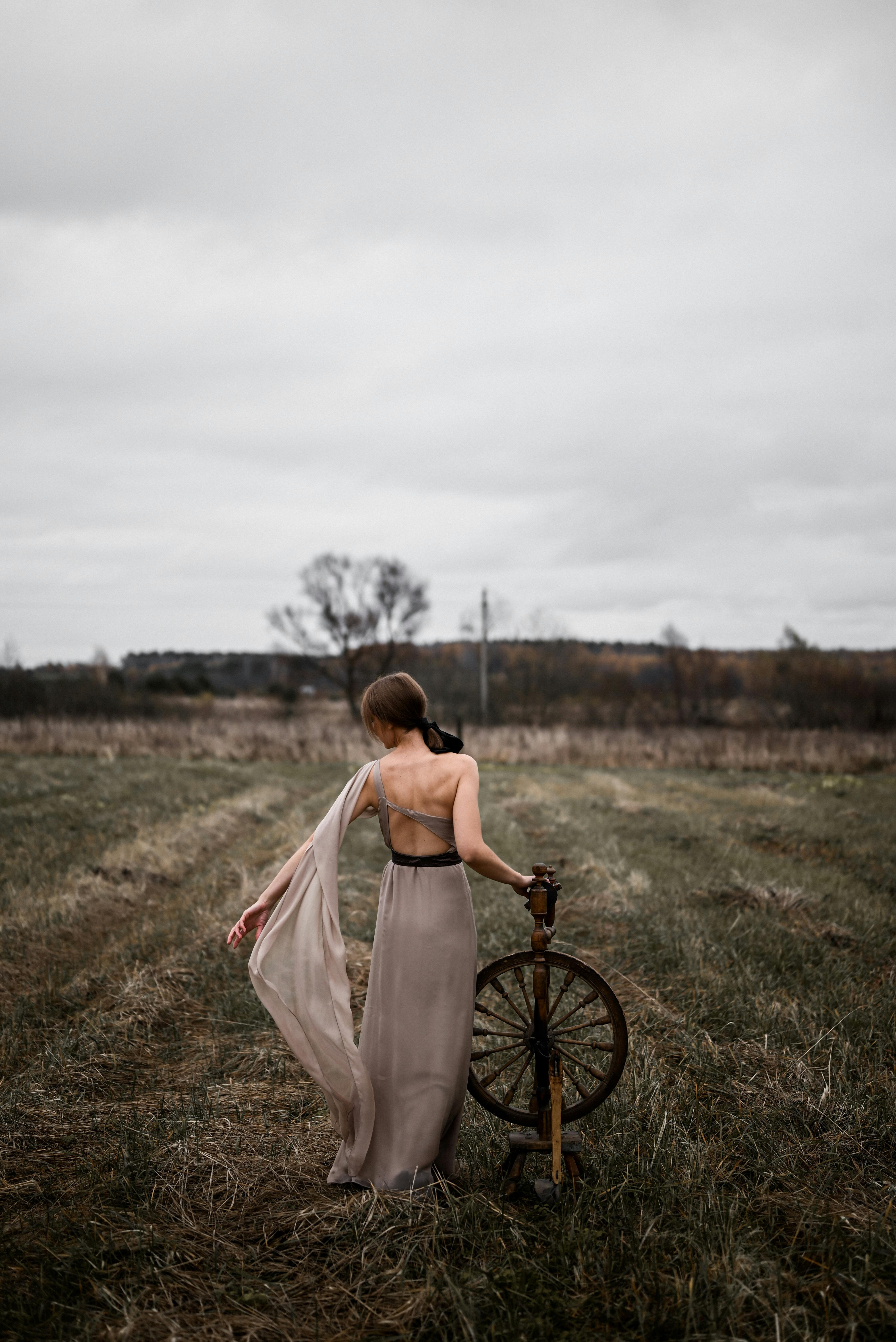 A woman in a flowing dress stands in a rural field with a spinning wheel under an overcast sky.