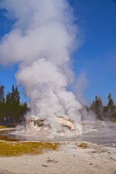 Majestic geyser eruption with steam rising at Yellowstone National Park, showcasing natural geothermal activity.