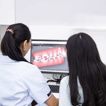 Dentists analyzing a 3D dental model on a computer for patient consultation.