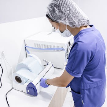 Female technician operates sterilization machinery in a lab setting.