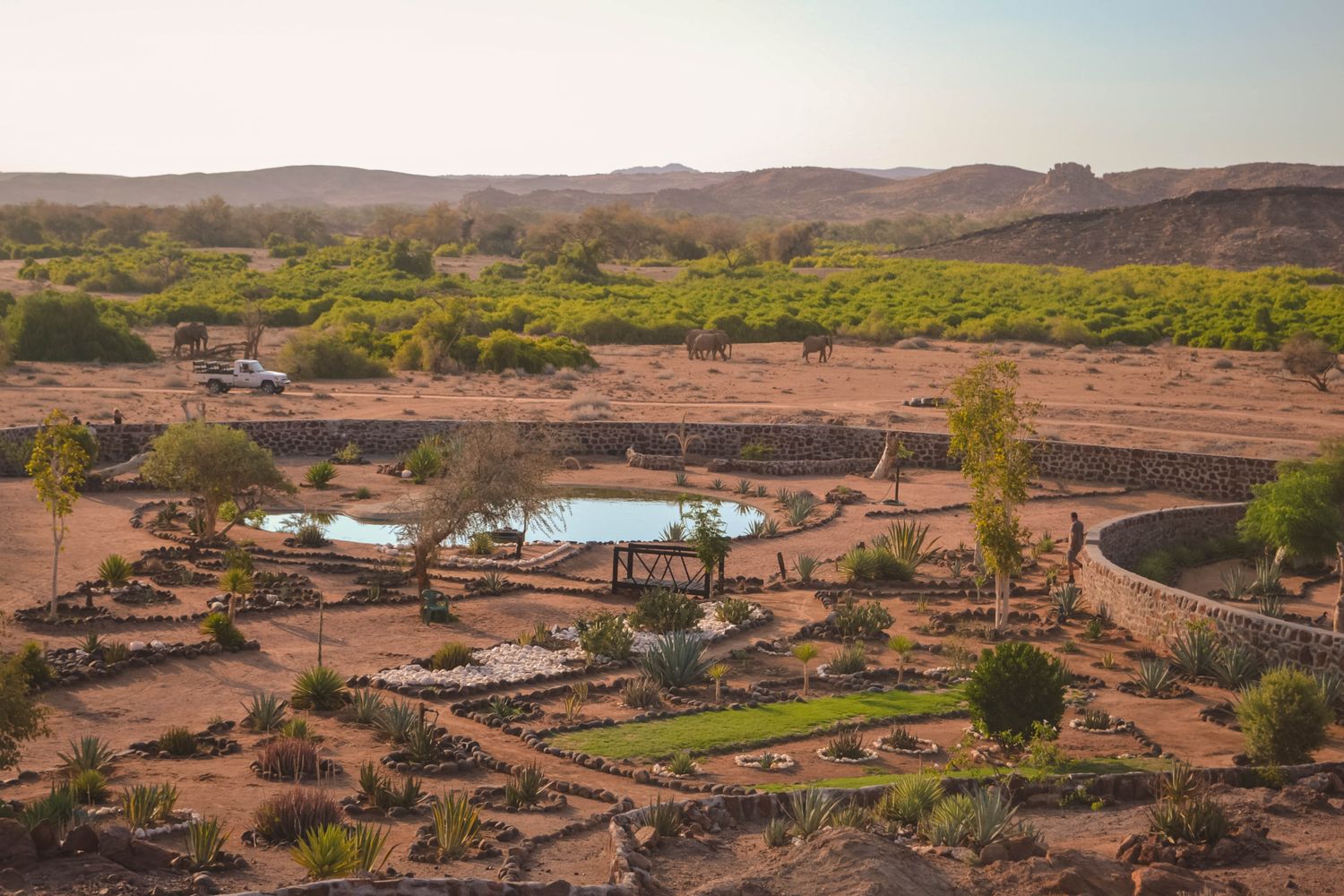 Aerial view of Namibia sanctuary landscape with wildlife