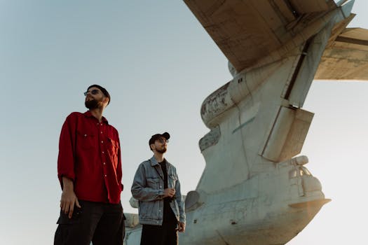 Two fashionable men standing in front of a vintage aircraft. Low-angle shot with clear sky background.