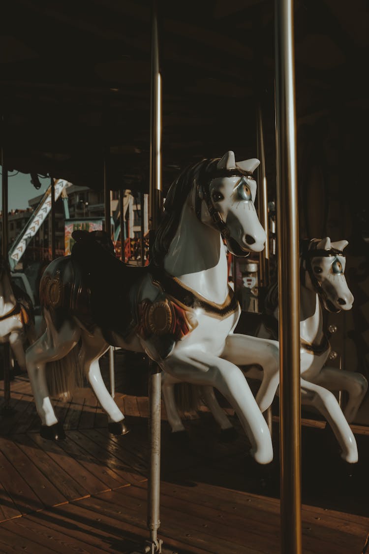 White Horses On Carousel Ride 