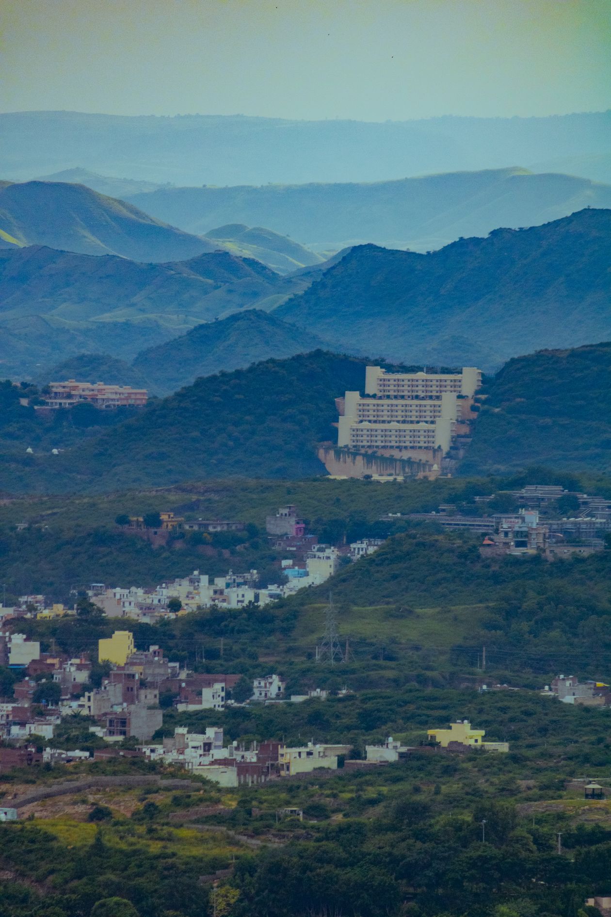 Aerial view of Sajjangarh and green hills around Udaipur in Rajasthan