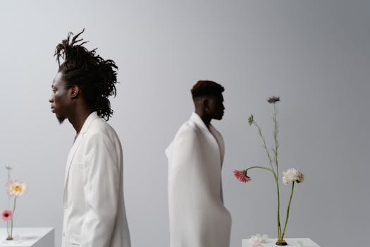 Studio shoot of two stylish men in white suits with flowers.