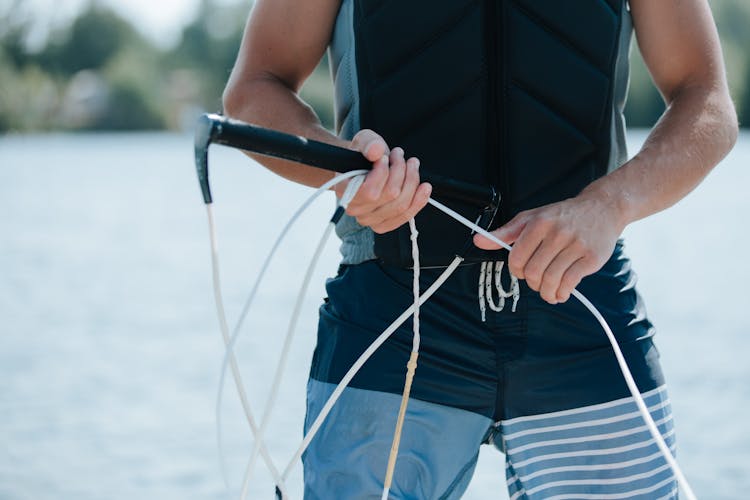 Close Up On Man Holding Wakeboarding Winch