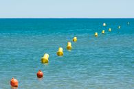 Red and Yellow Buoys Floating on Sea