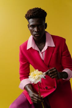 Stylish model in a red suit poses with a flower against a yellow background. Conceptual studio shoot.