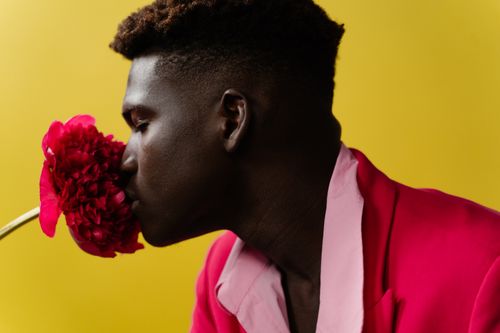 Free Stylish man in a red suit smelling a red flower against a yellow background. Stock Photo