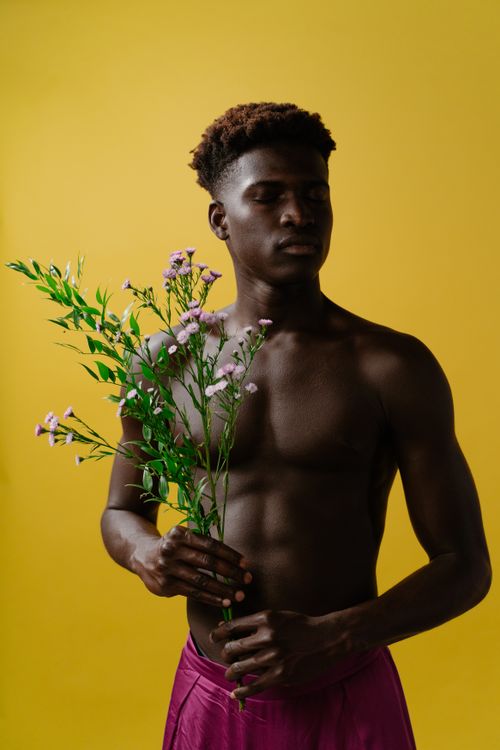 Free Shirtless black man holding flowers with a serene expression against a vibrant yellow background. Stock Photo