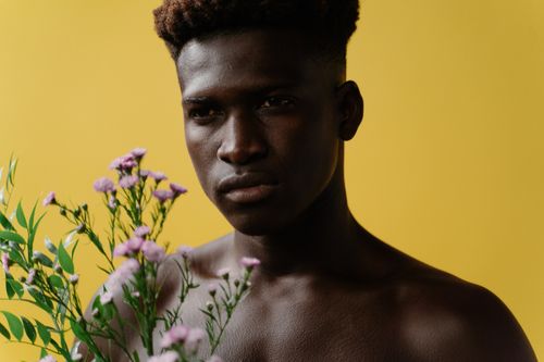 Free Artistic portrait of a shirtless man holding flowers in front of a vibrant yellow background. Stock Photo