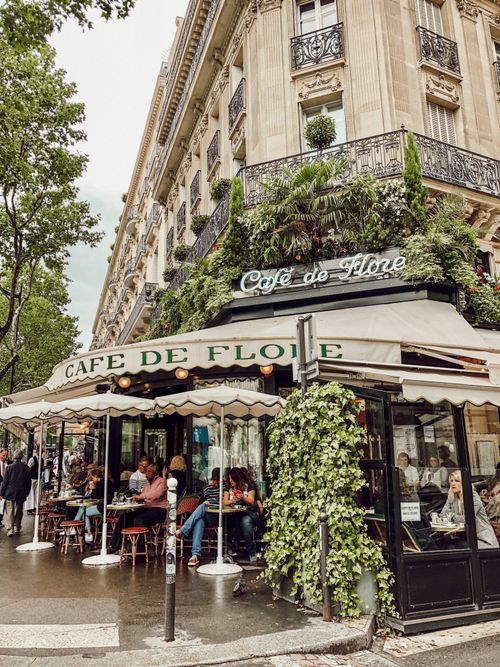 Free A bustling scene at Cafe de Flore in Paris featuring vibrant greenery and classic architecture. Stock Photo