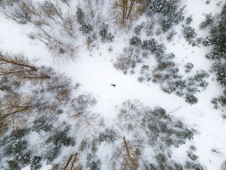 Drone captures a lone figure lying on snow in a serene winter forest.