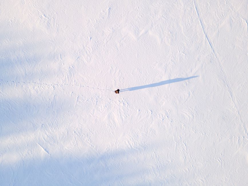 Drone shot capturing a solitary figure walking across a vast snow-covered landscape.