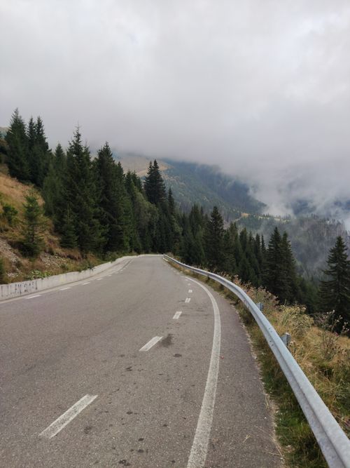 Free Scenic view of a foggy mountain road through forested hills in Sinaia, Romania. Stock Photo